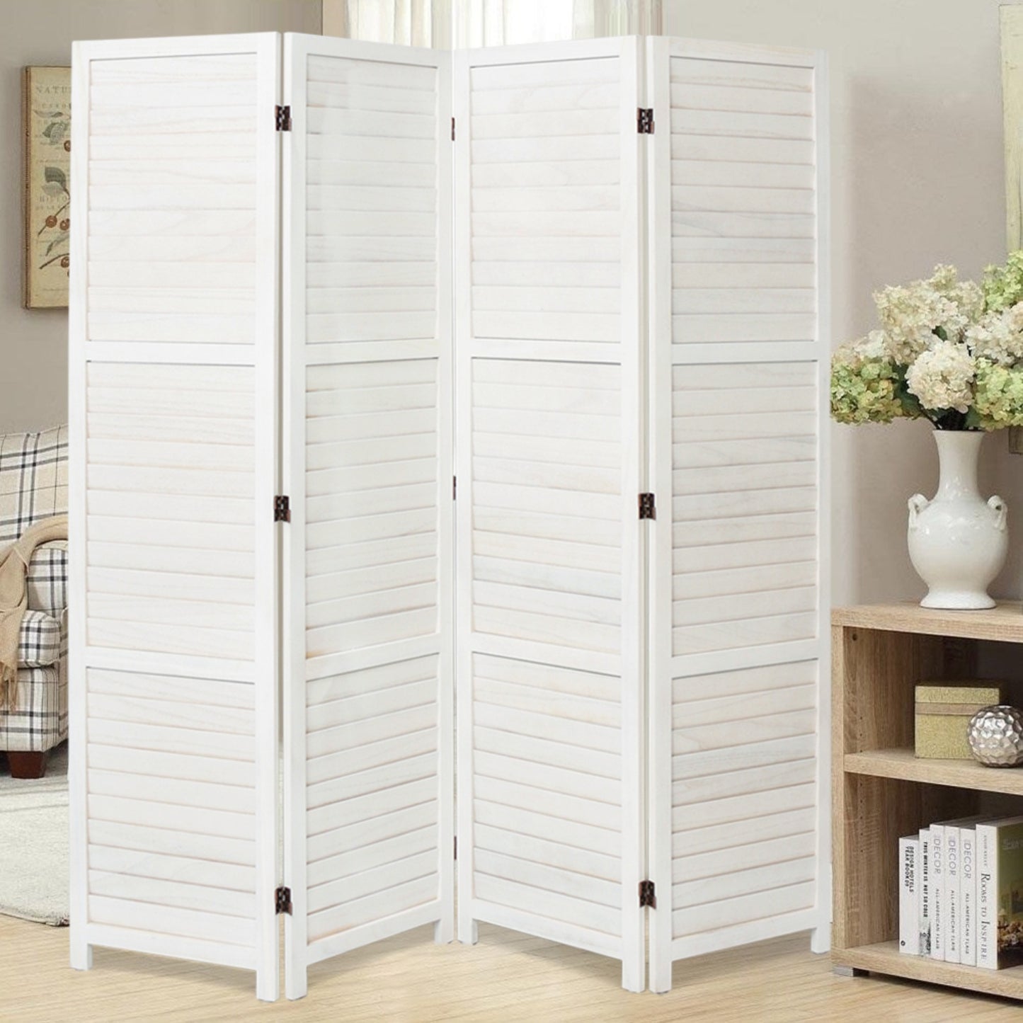 Solid Wood 4-Panel Folding Room Divider Screen