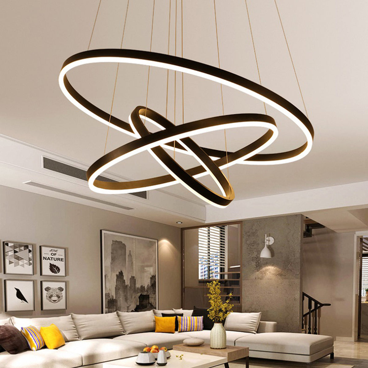 3 Ring LED Black Pendant Light with Remote Control