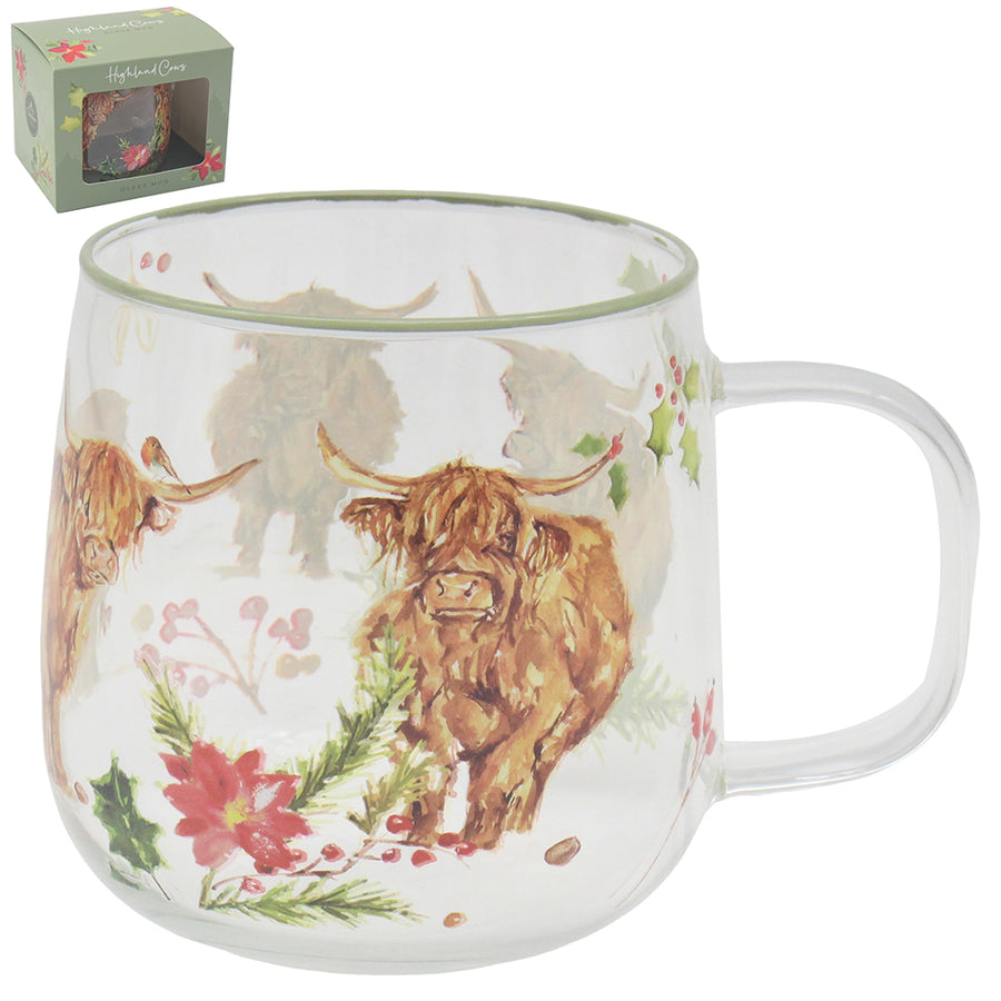 Winter Highland Cow Glass Mug