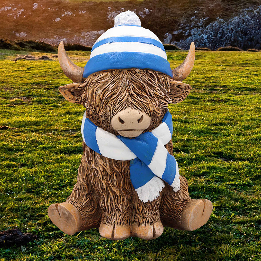 Highland Cow Ornament With Blue Hat and Scarf