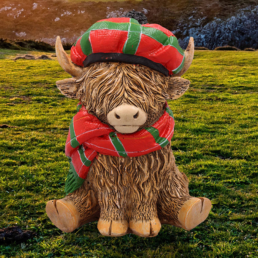 Highland Cow Ornament With Tartan Hat and Scarf