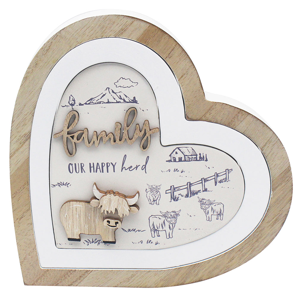 Highland Cow 3D Wooden Heart Family Plaque