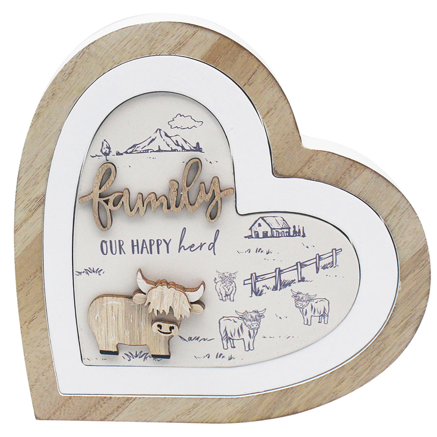 Highland Cow 3D Wooden Heart Family Plaque