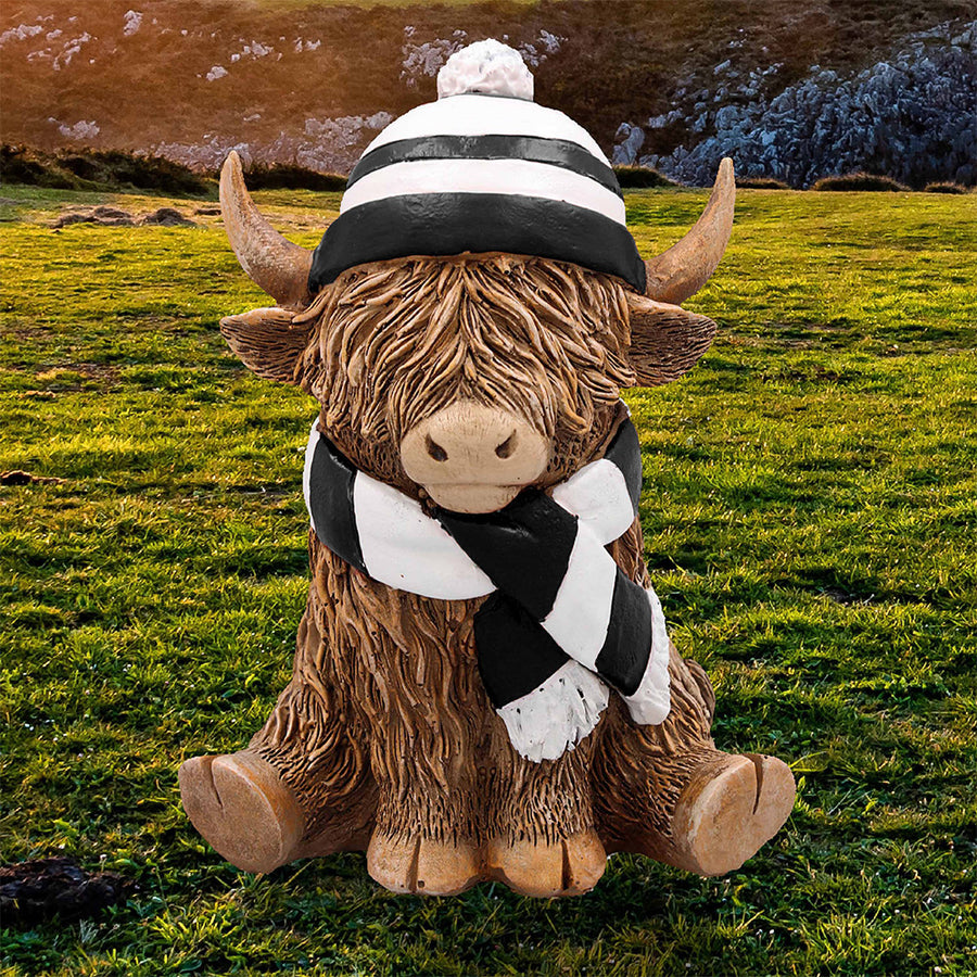 Highland Cow Ornament With Black and White Hat and Scarf