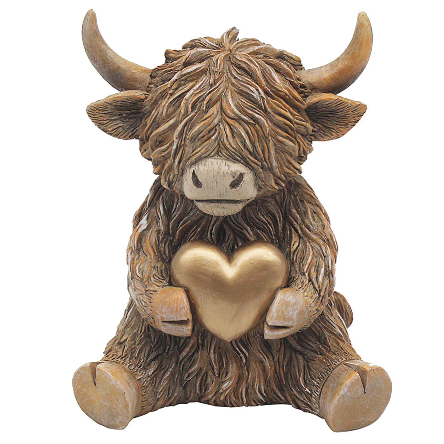 Happy Highland Cow Gold Heart Ornament