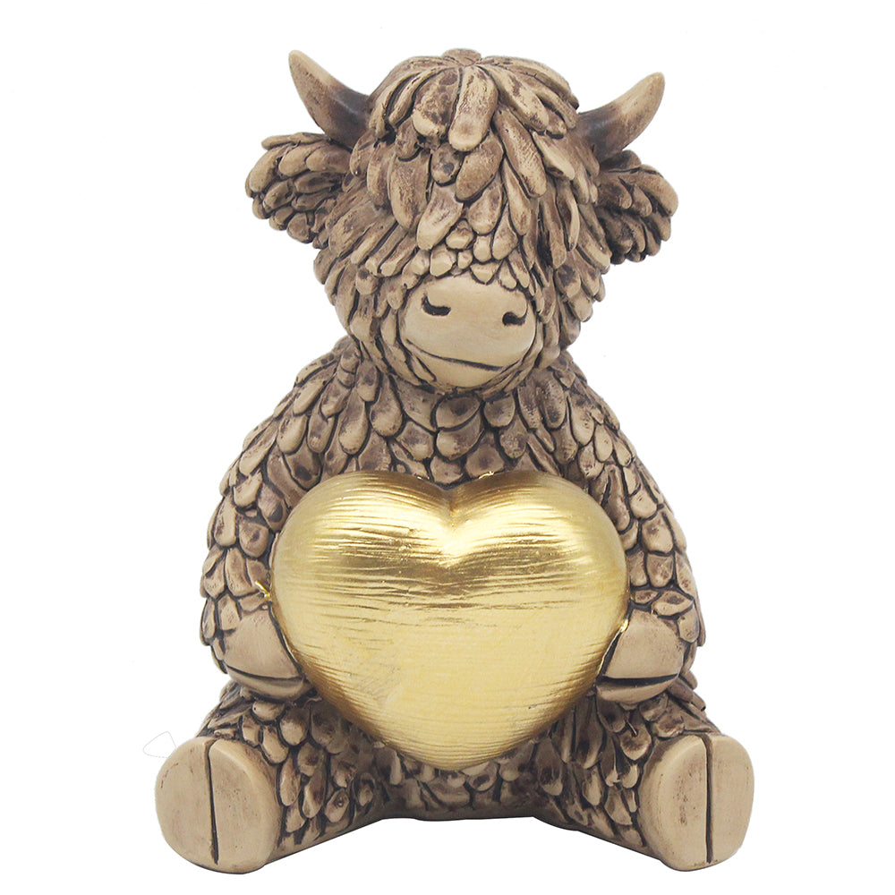Hughie Highland Cow Gold Heart Ornament