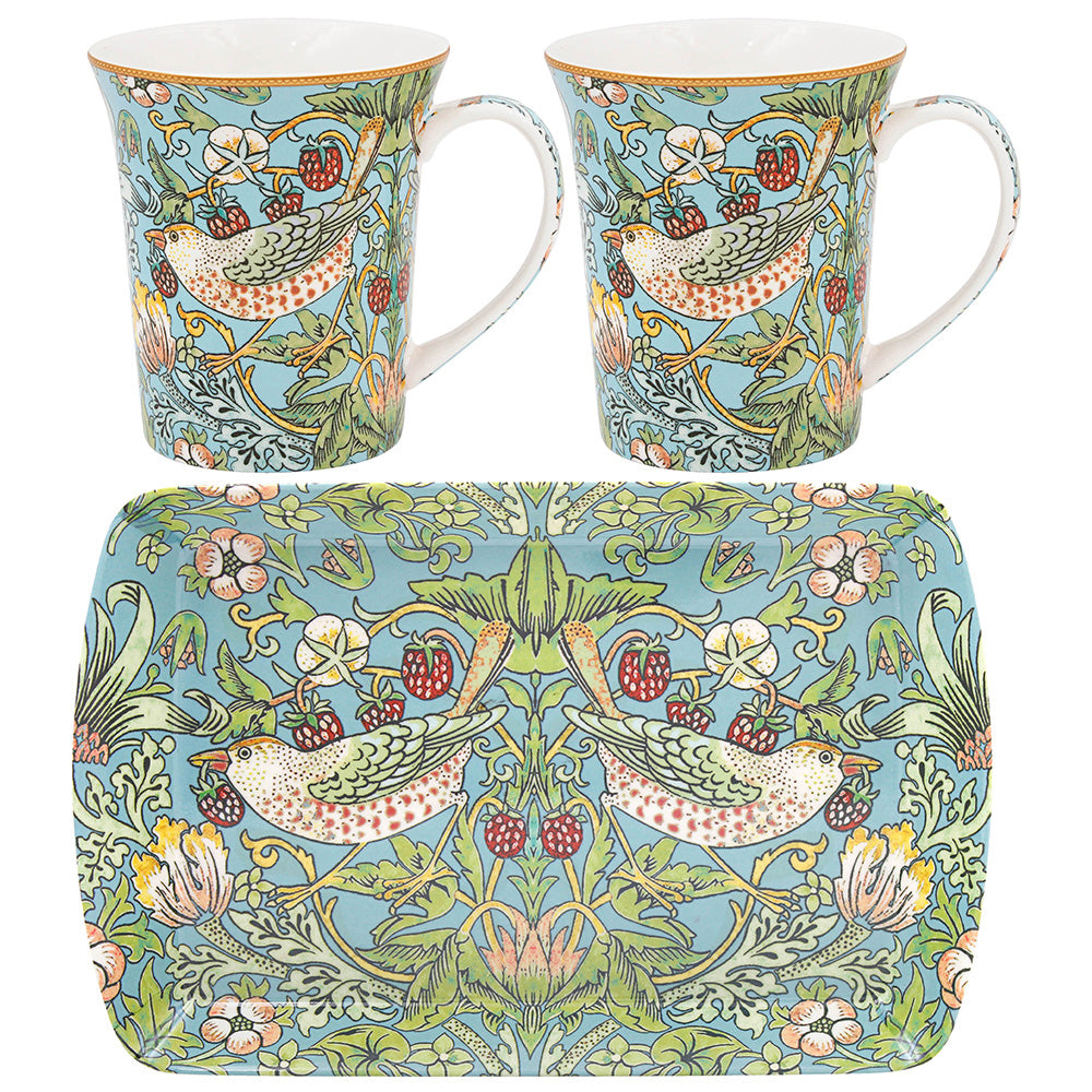 William Morris Strawberry Thief 2 Mugs & Tray Set