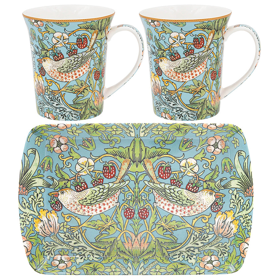 William Morris Strawberry Thief 2 Mugs & Tray Set
