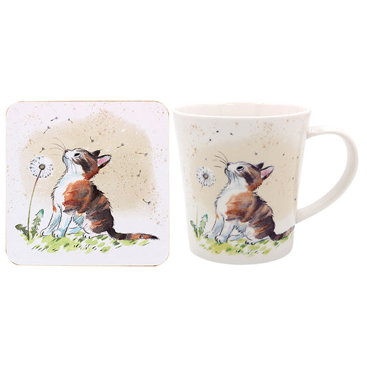 Cat with Dandelion Mug & Coaster