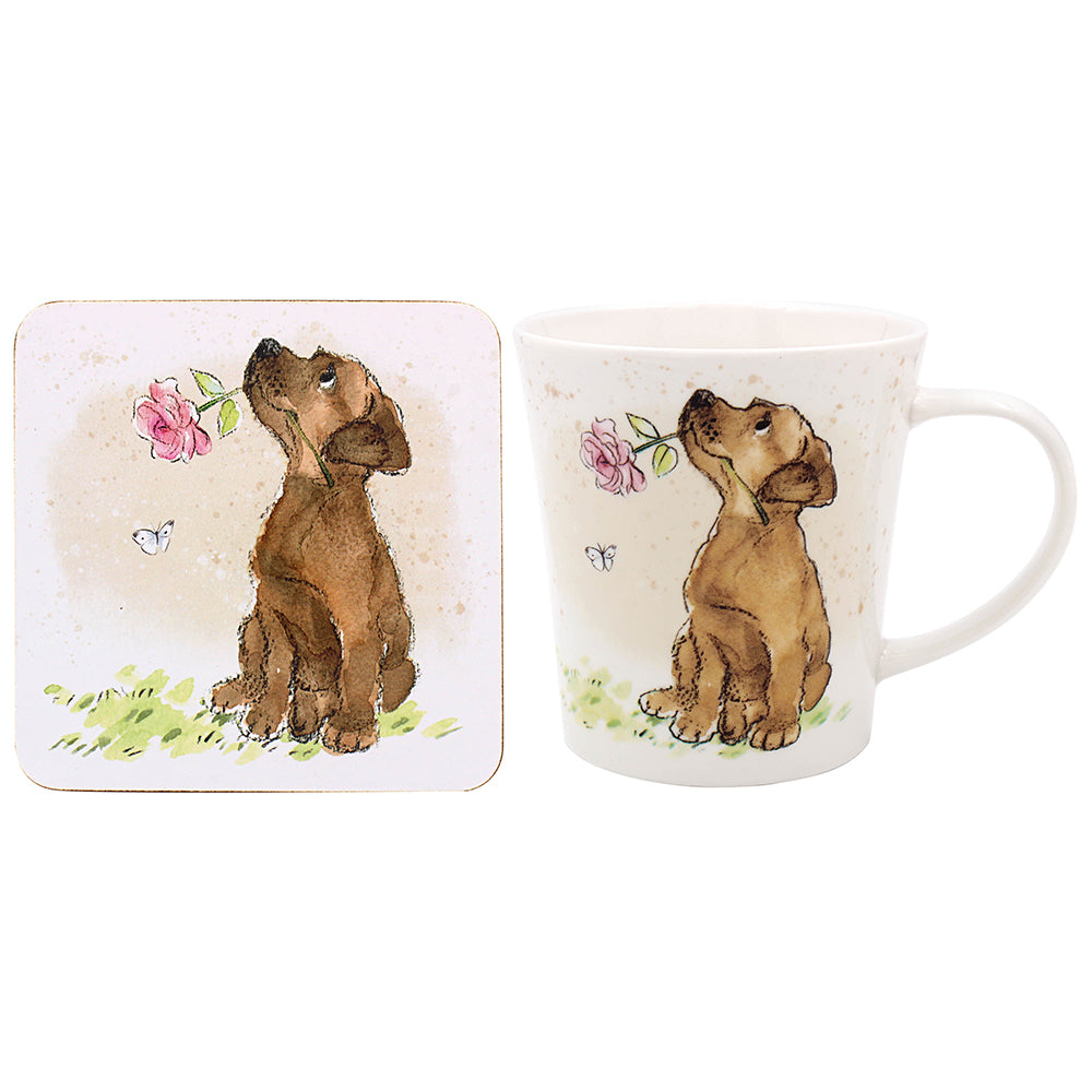 Dog with Rose Mug and Coaster Set