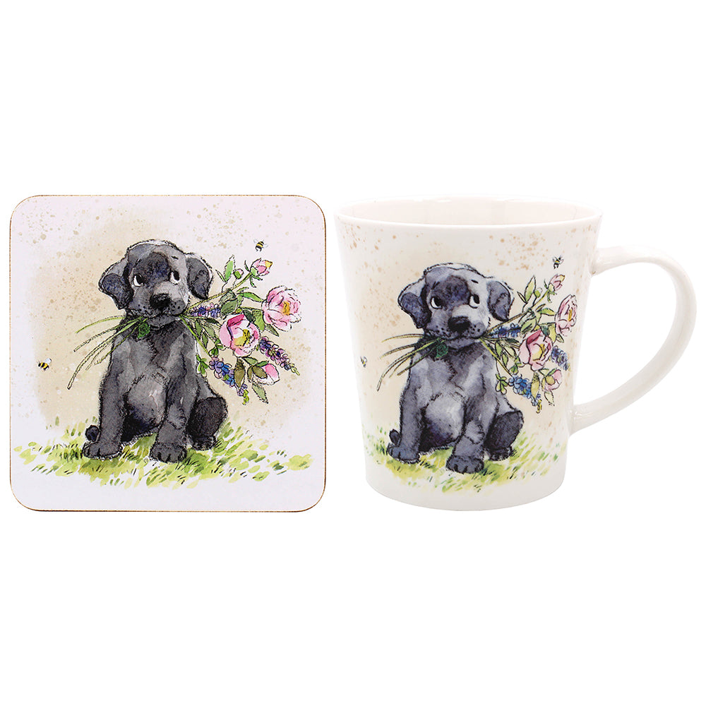 Dog with Flowers Mug and Coaster Set
