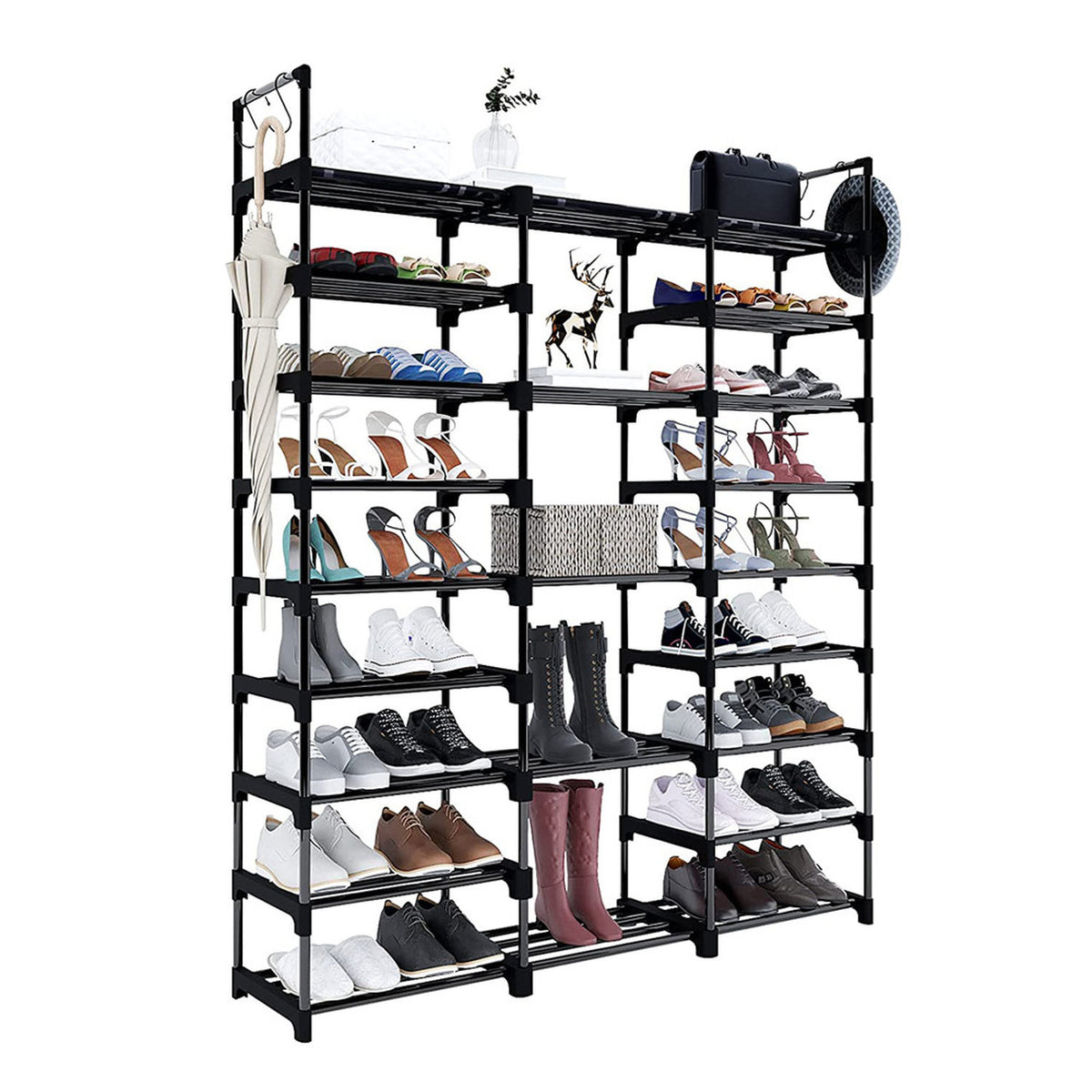 Black Metal Shoe Rack with 9 Tiers & 3 Columns