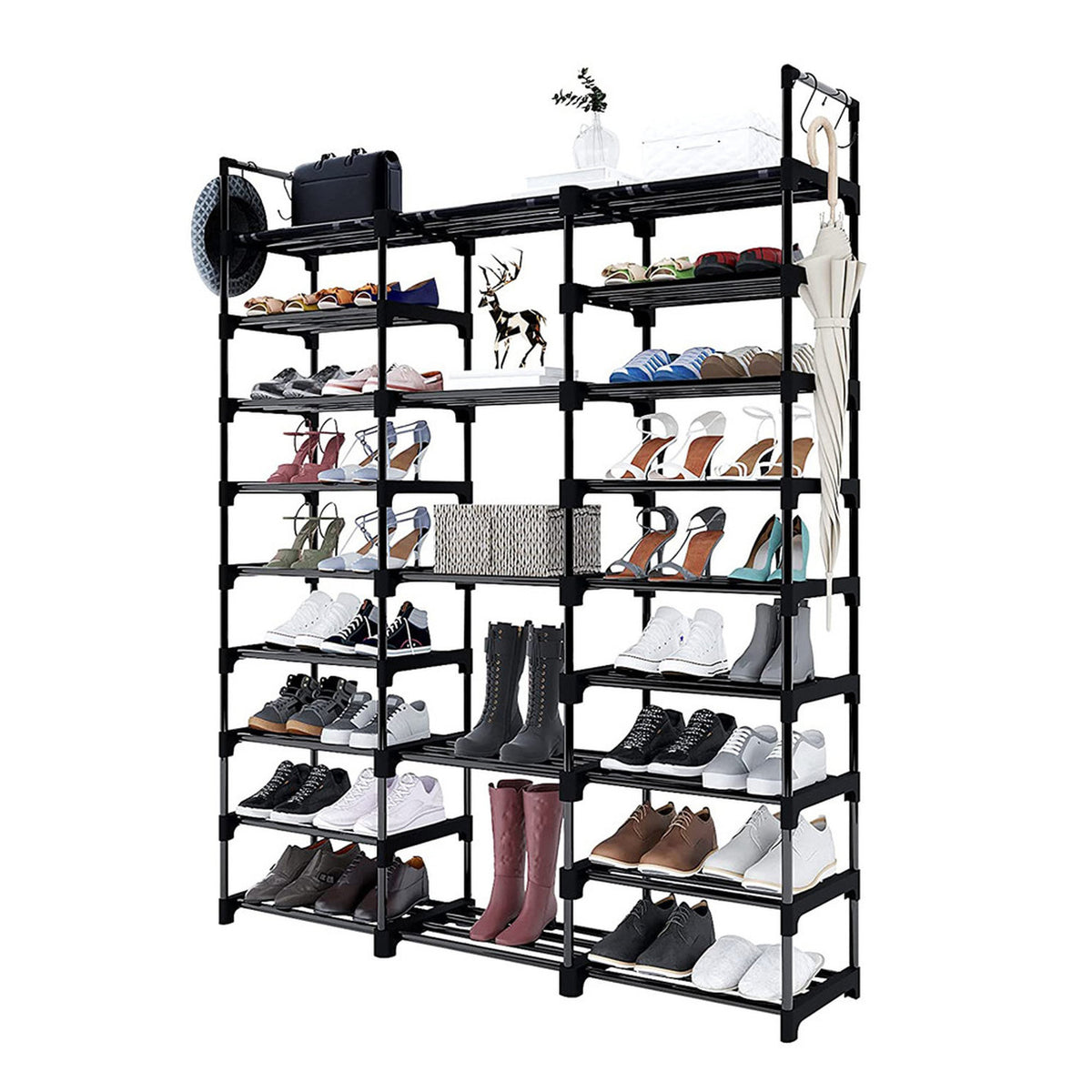 Black Metal Shoe Rack with 9 Tiers & 3 Columns