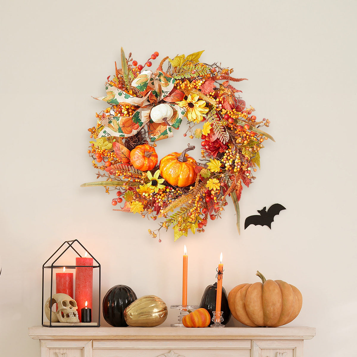 Autumn Harvest Pumpkin Maple Leaves Wreath 50cm