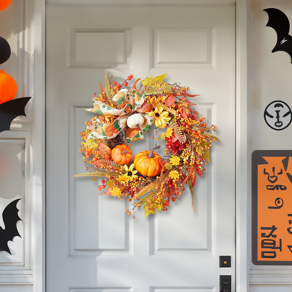 Autumn Harvest Pumpkin Maple Leaves Wreath 50cm