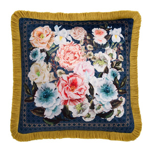 Laurence Llewelyn-Bowen Bouquet List Navy Velvet Fringed Filled Cushion (43cm x 43cm)