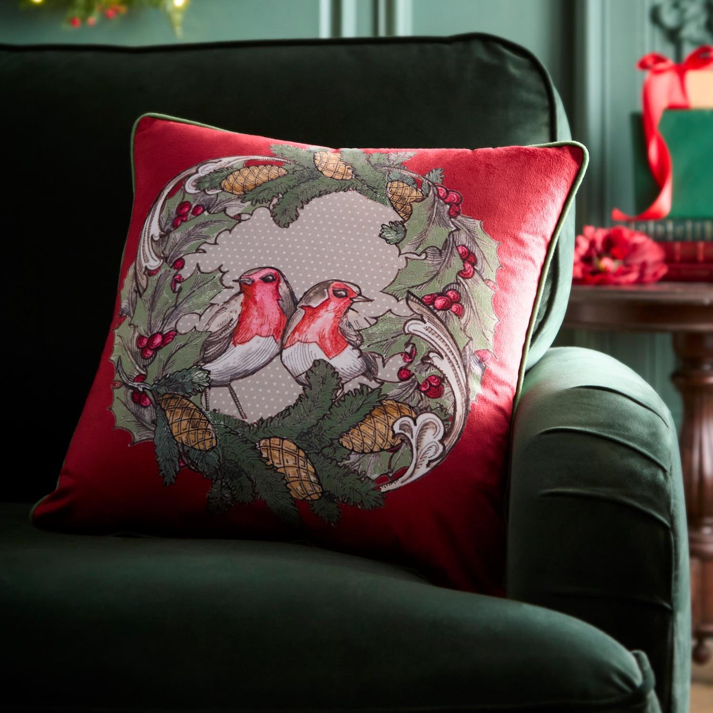 Laurence Llewelyn-Bowen Festive Robin Velvet Cushion