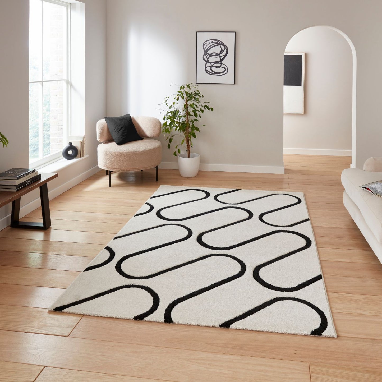 Catherine Lansfield Linear Curve White and Black Rug