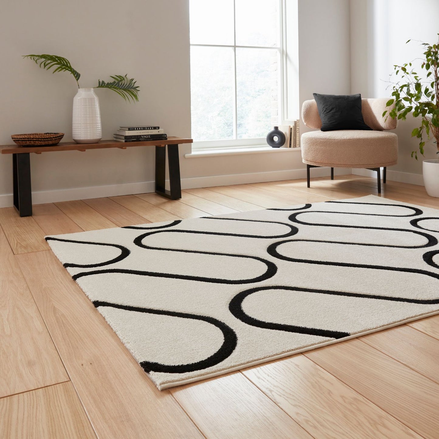 Catherine Lansfield Linear Curve White and Black Rug