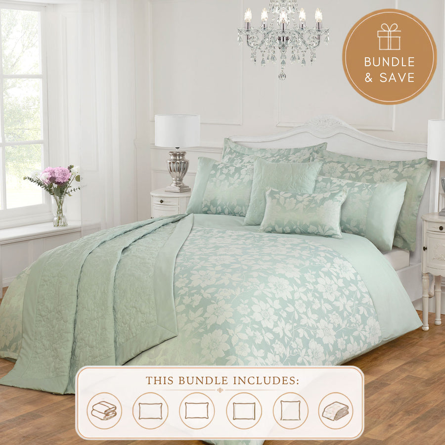 Lottie Soft Green Luxury Jacquard 6 Piece Bedding Bundle