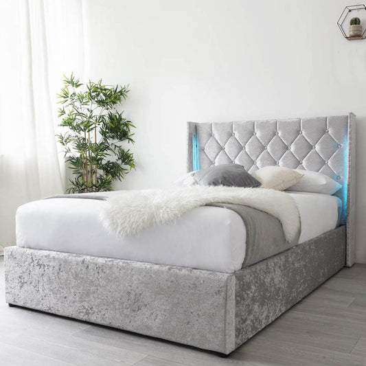 Loxley LED Fabric Crushed Silver Velvet Storage Ottoman Bed