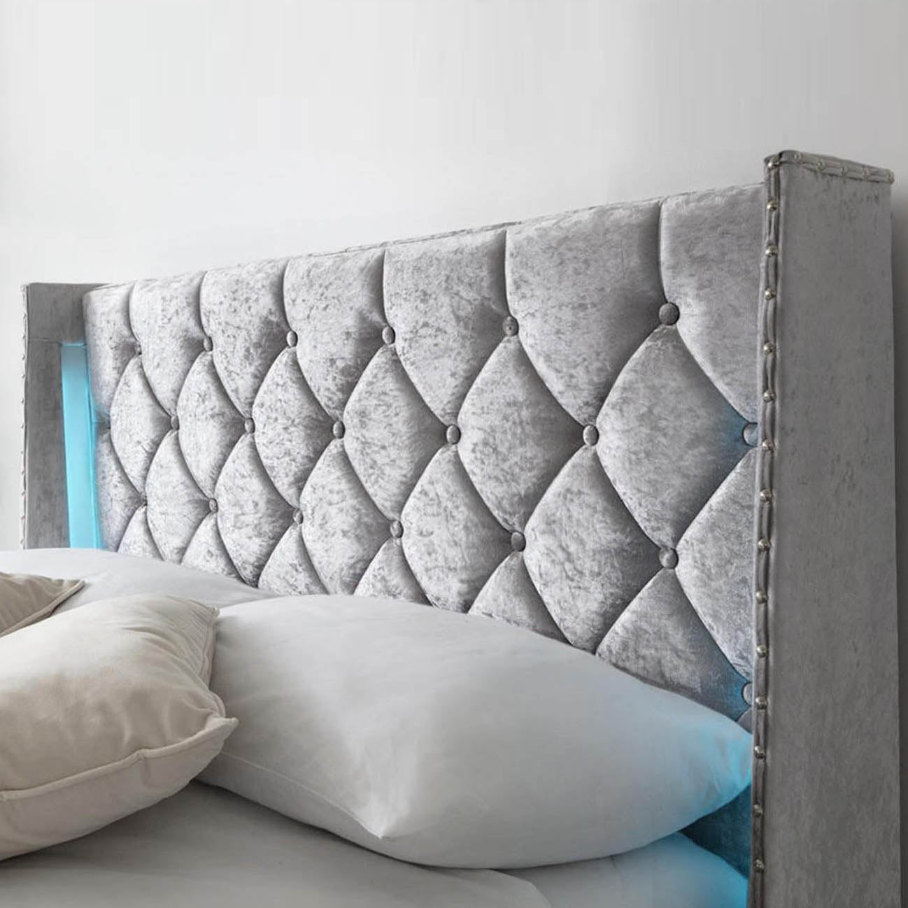 Loxley LED Fabric Crushed Silver Velvet Storage Ottoman Bed