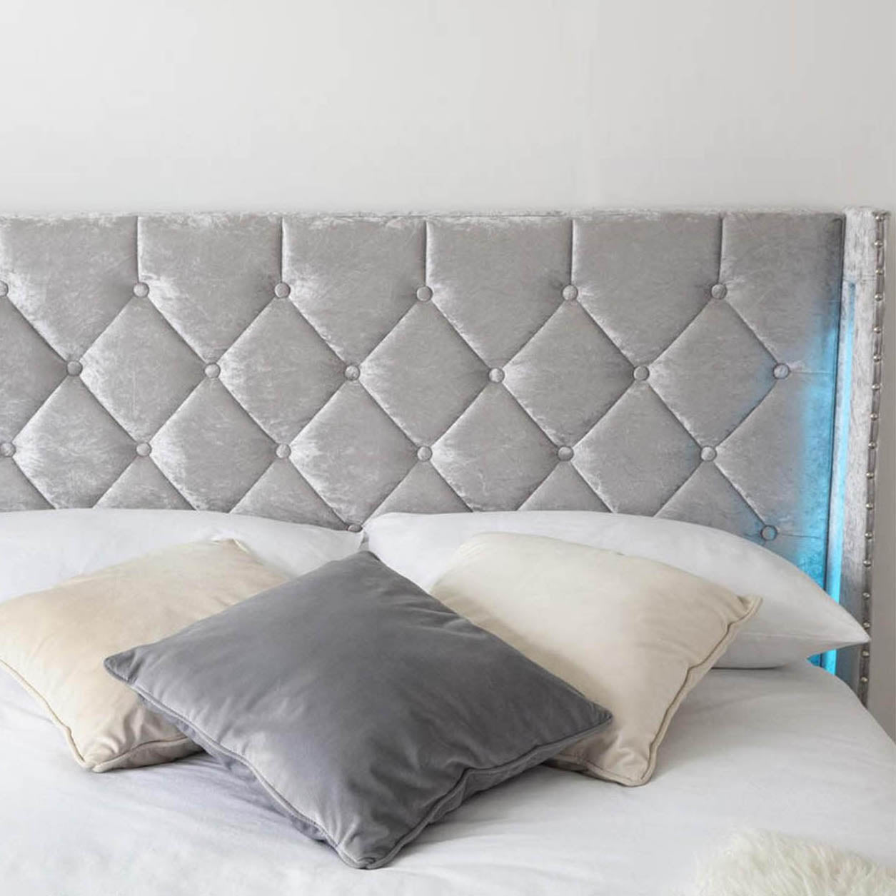 Loxley LED Fabric Crushed Silver Velvet Storage Ottoman Bed