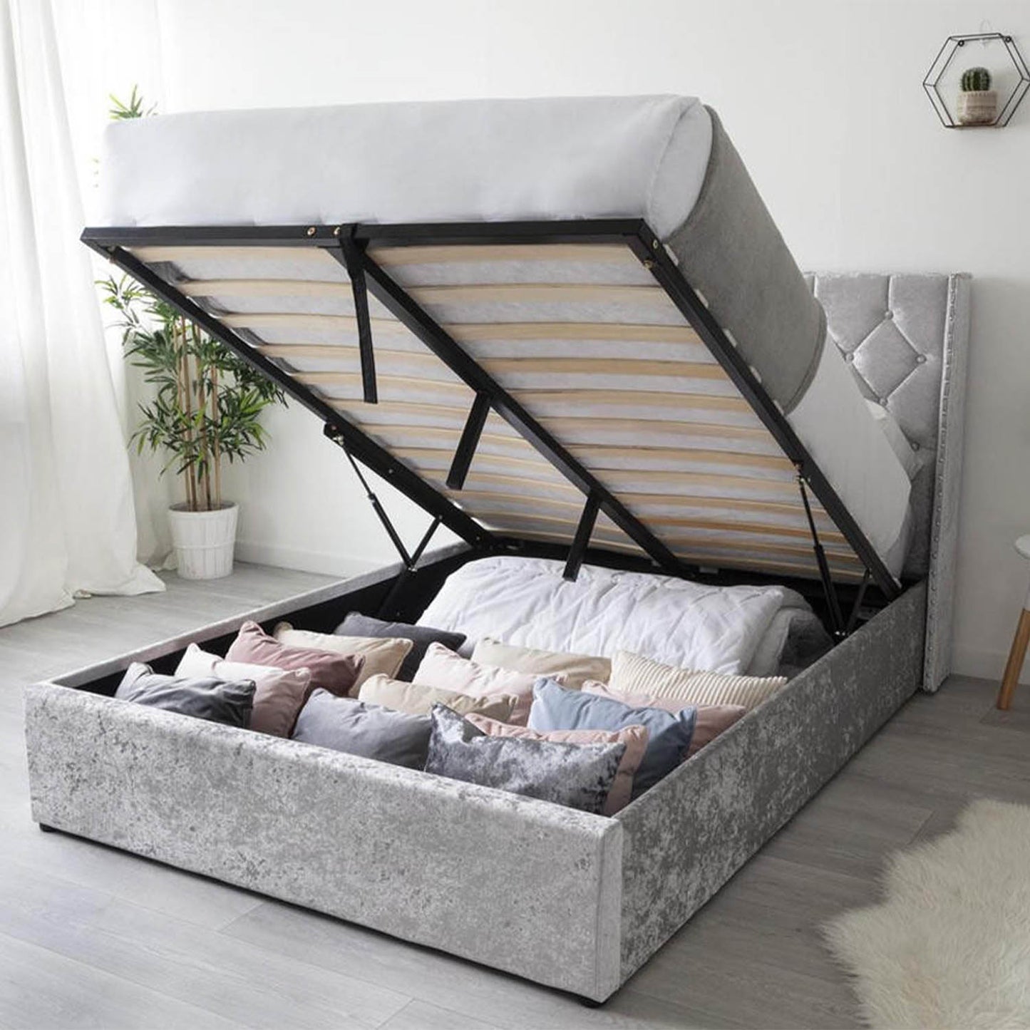 Loxley LED Fabric Crushed Silver Velvet Storage Ottoman Bed