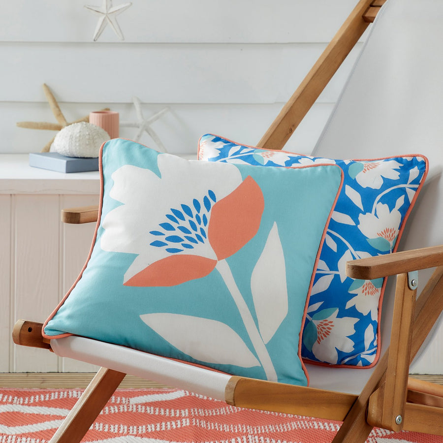 Luna Duck Egg Reversible Floral Outdoor Cushion (43cm x 43cm)
