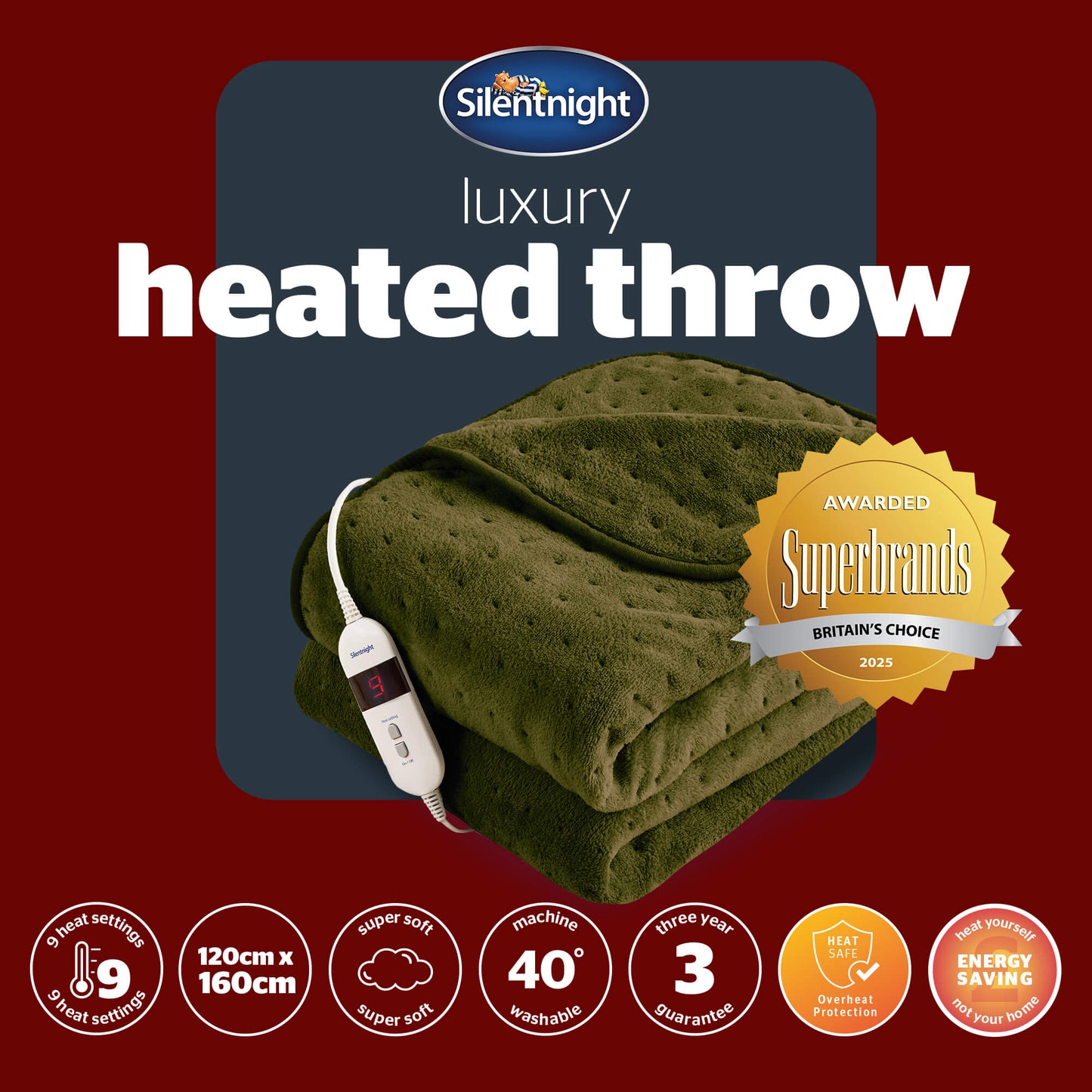 Silentnight Luxury Olive Green Fleece Heated Throw