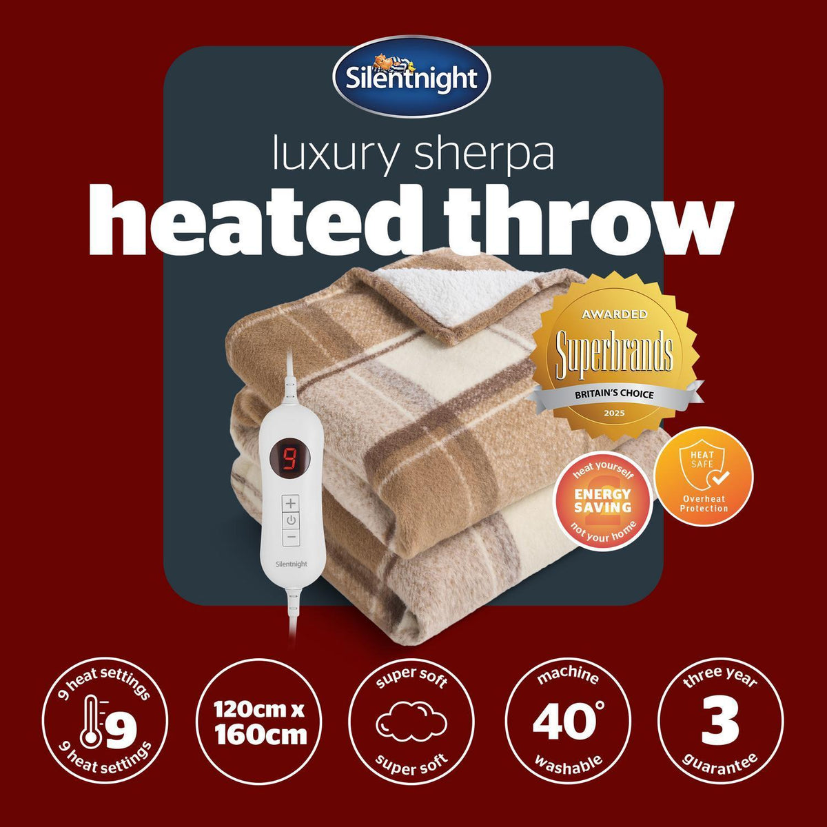 Silentnight Brown Check Luxury Fleece Heated Throw
