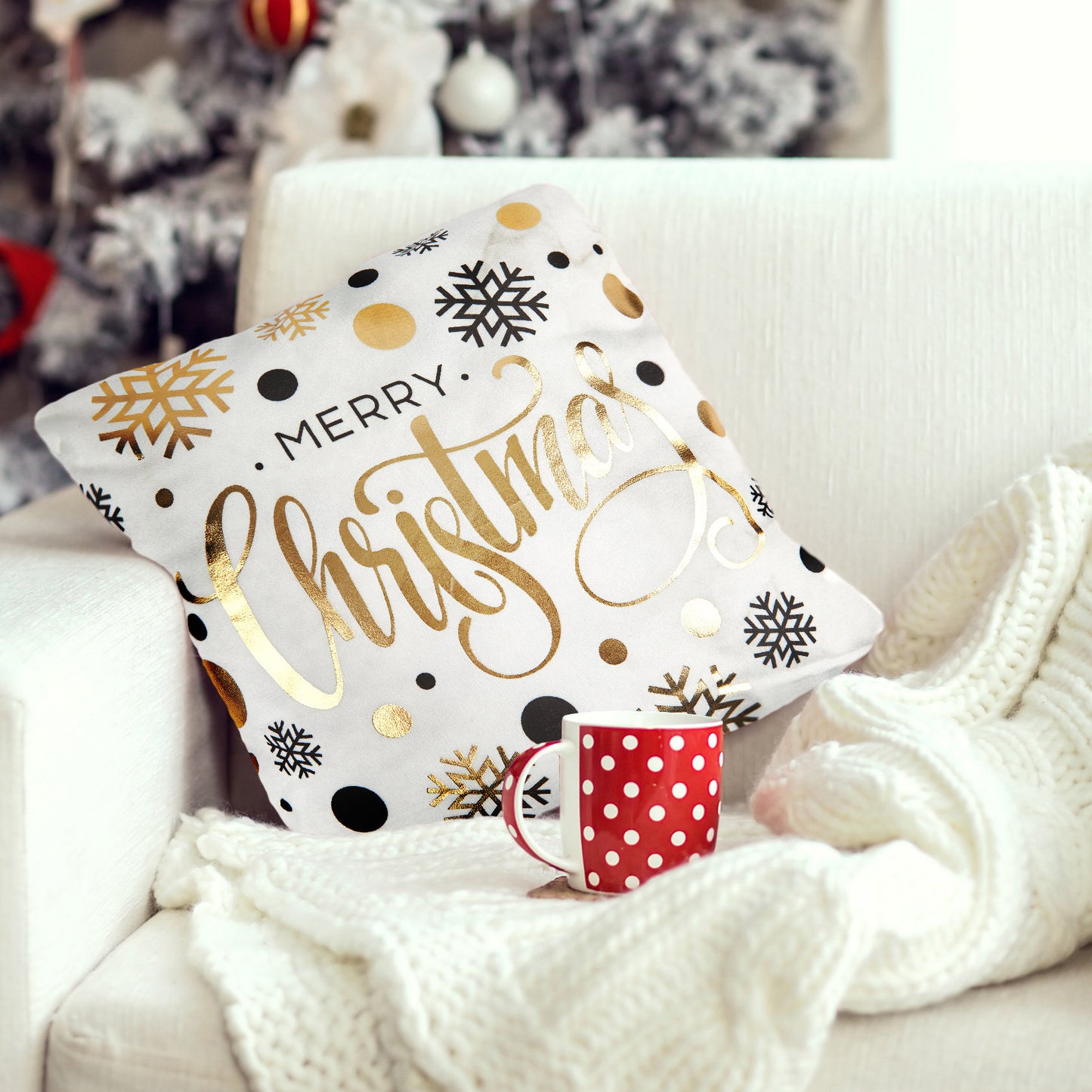 White Metallic Print Merry Christmas Cushion cover (Pair)