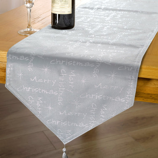 Silver Woven Jacquard Merry Christmas Table Runner