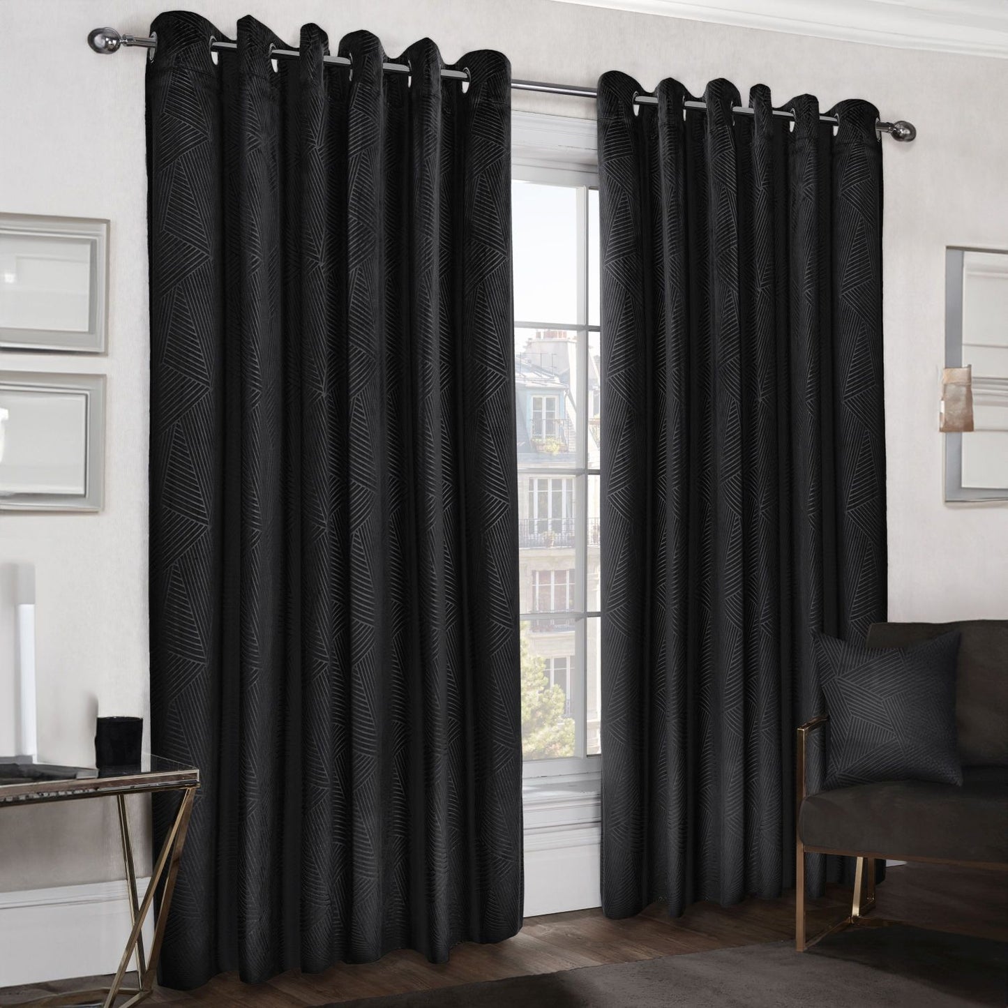 Midnight Black Embossed Velvet Thermal Blackout Eyelet Curtains