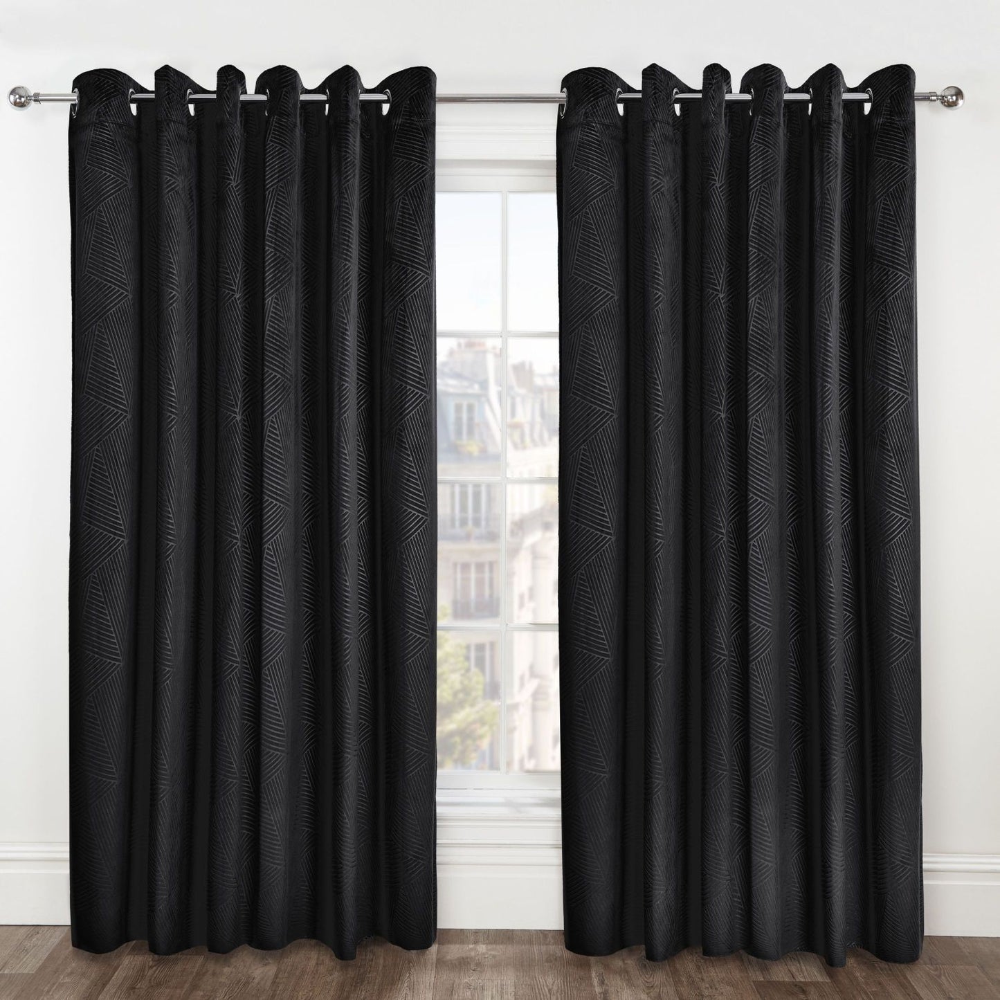 Midnight Black Embossed Velvet Thermal Blackout Eyelet Curtains