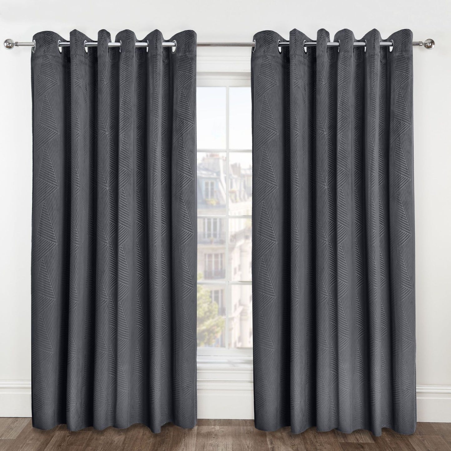 Midnight Charcoal Grey Embossed Velvet Thermal Blackout Eyelet Curtains