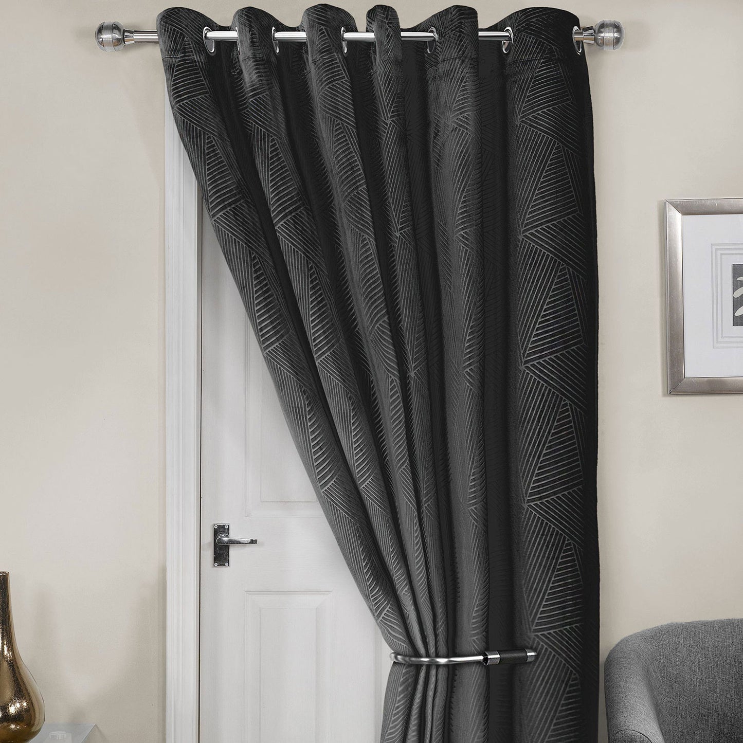 Midnight Black Embossed Velvet Thermal Eyelet Door Curtain