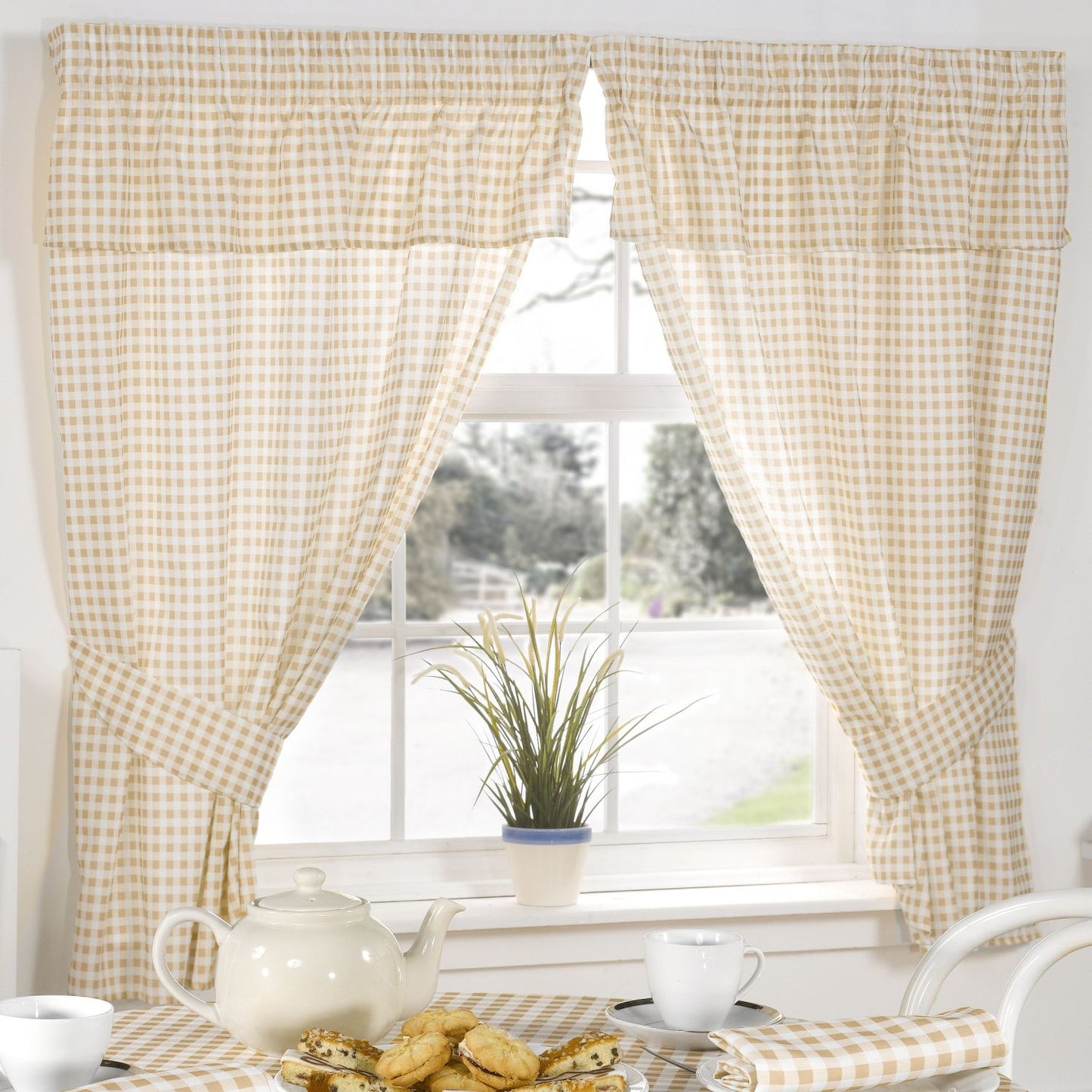 Molly Gingham Beige Pencil Pleat Curtains With Pelmet Header