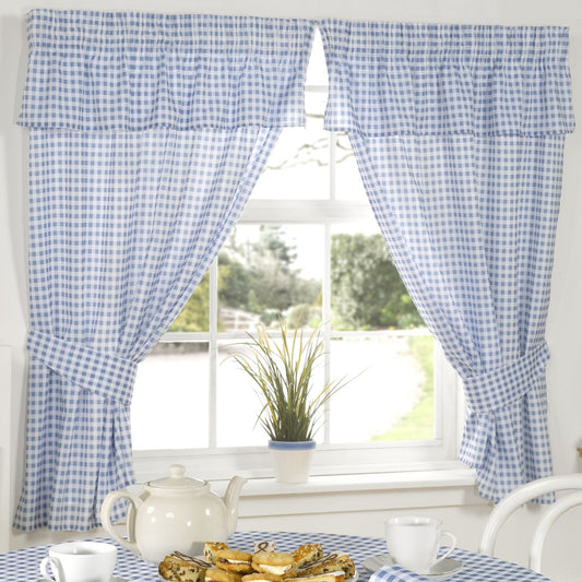 Molly Gingham Blue Pencil Pleat Curtains With Pelmet Header