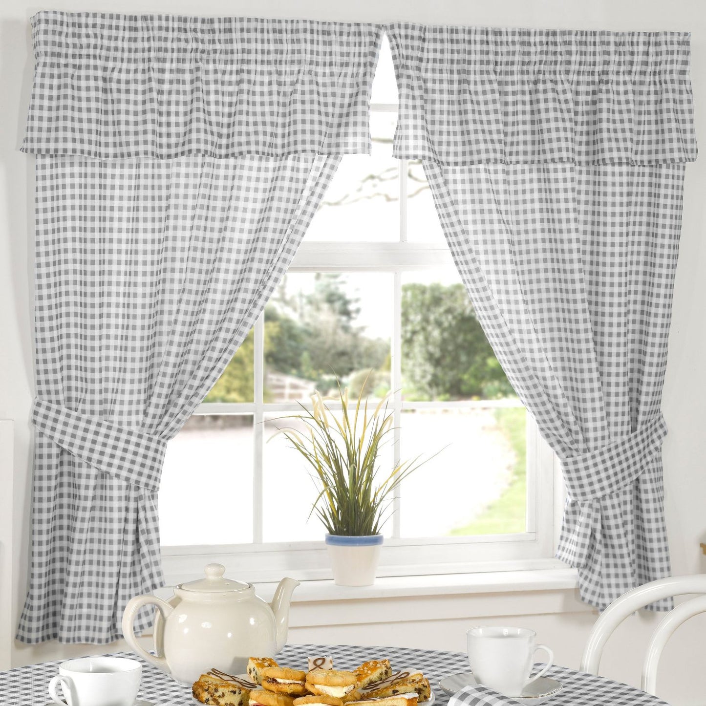 Molly Gingham Charcoal Grey Pencil Pleat Curtains With Pelmet Header