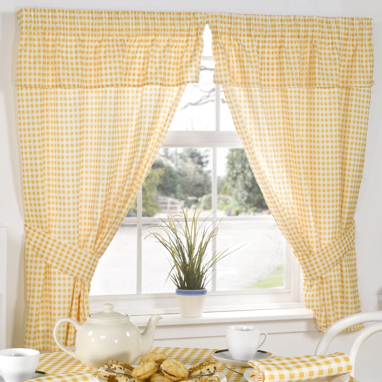 Molly Gingham Lemon Yellow Pencil Pleat Curtains With Pelmet Header