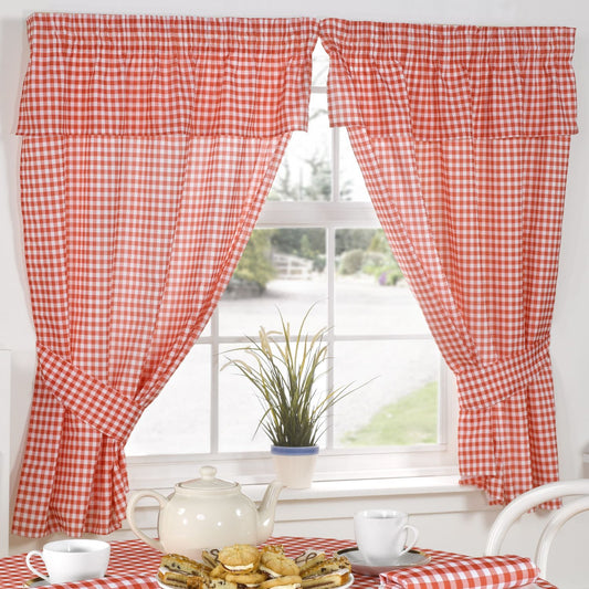 Molly Gingham Red Pencil Pleat Curtains With Pelmet Header