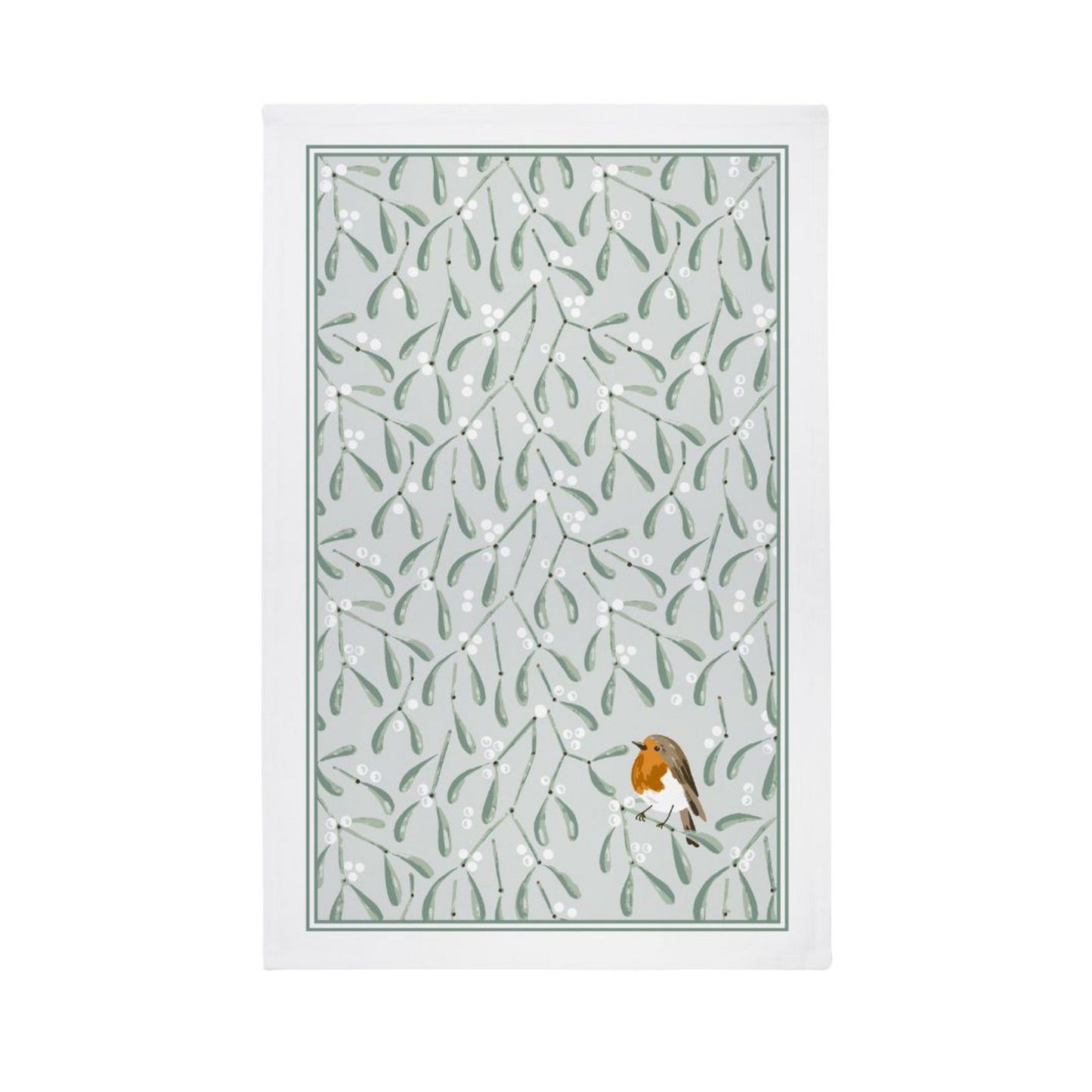 Mistletoe and Robin Green Tea Towel Cotton