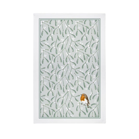 Mistletoe and Robin Green Tea Towel Cotton