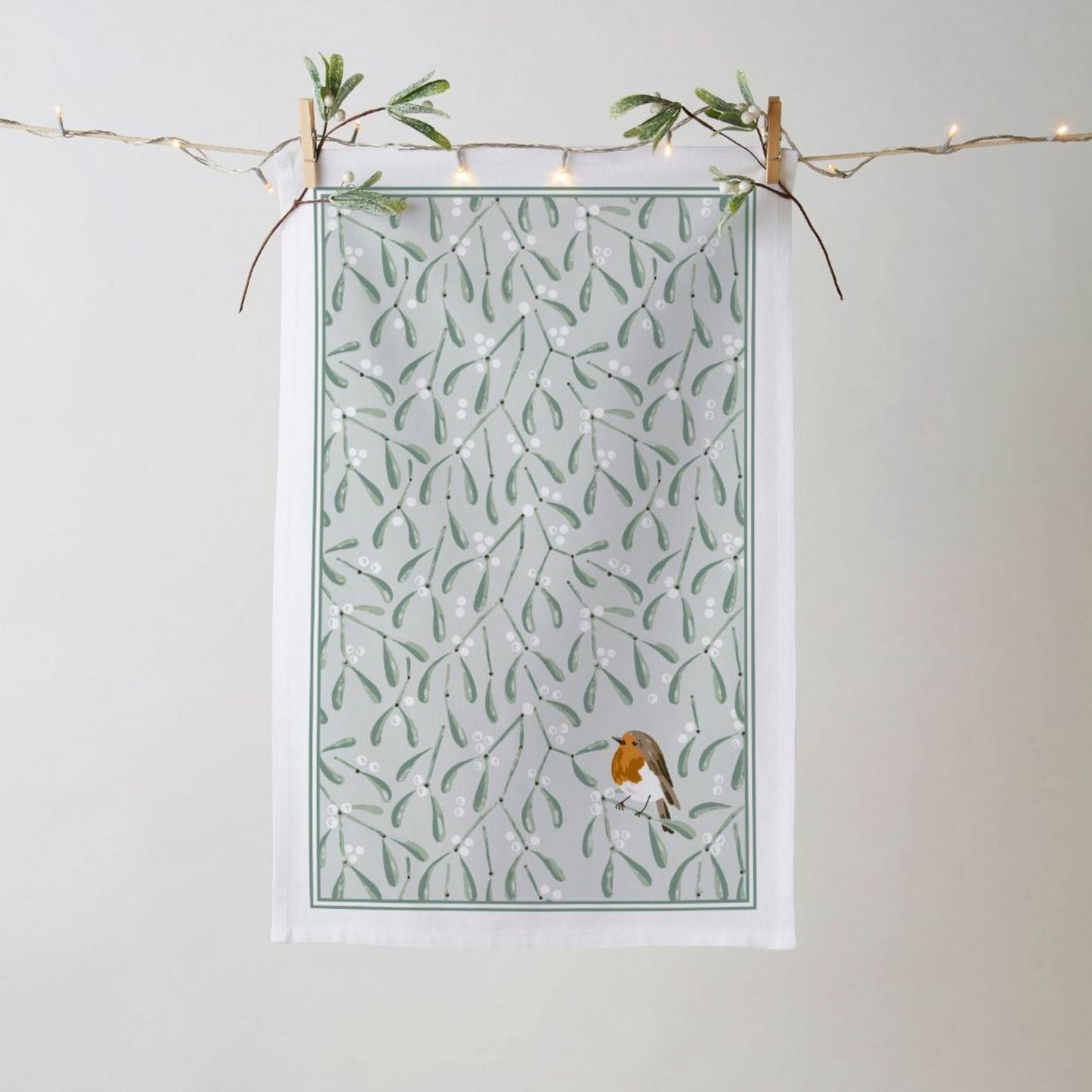 Mistletoe and Robin Green Tea Towel Cotton