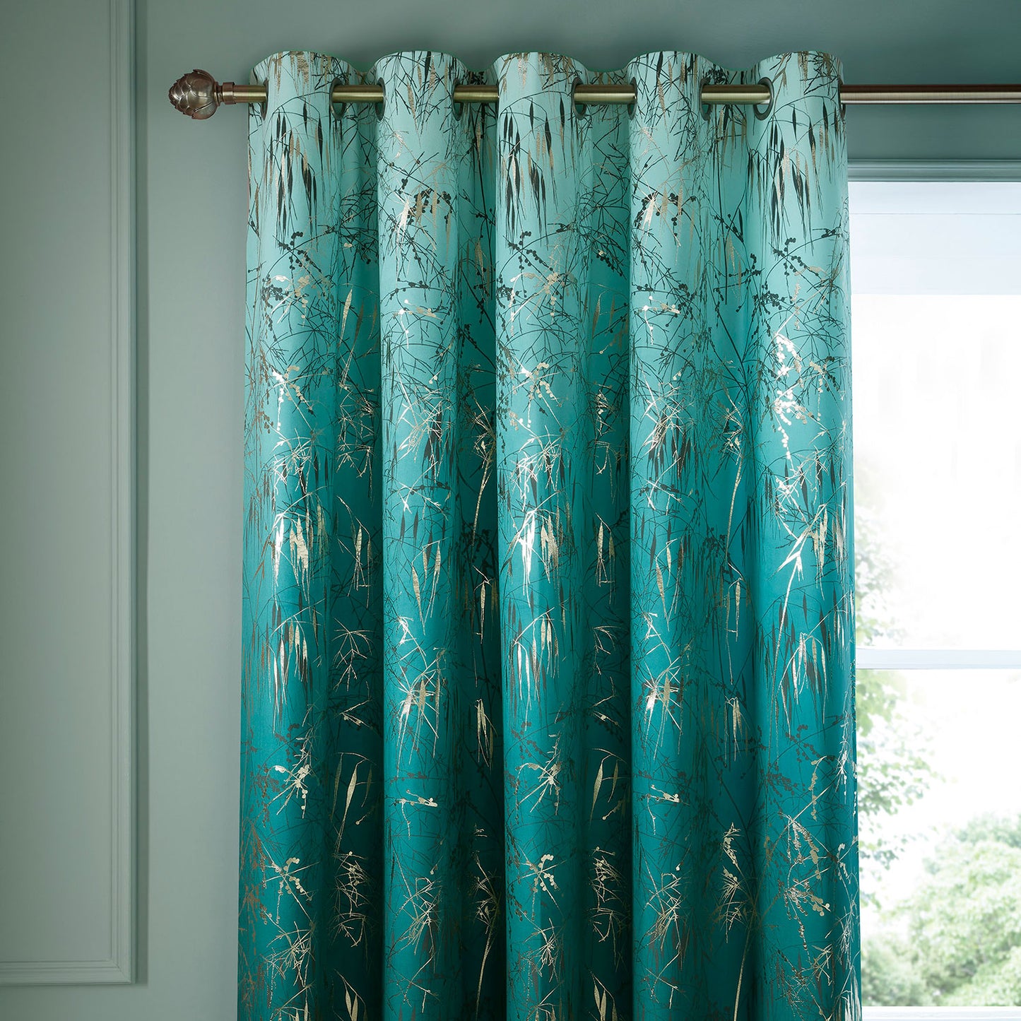 Clarissa Hulse Meadow Grass Teal Velvet Lined Eyelet Curtains