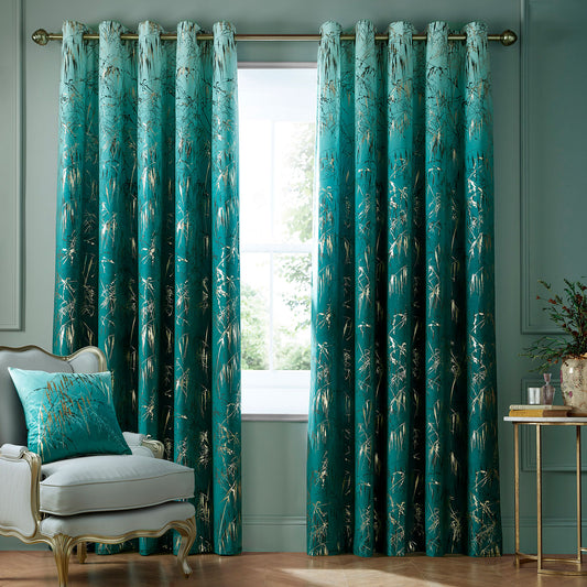 Clarissa Hulse Meadow Grass Teal Velvet Lined Eyelet Curtains