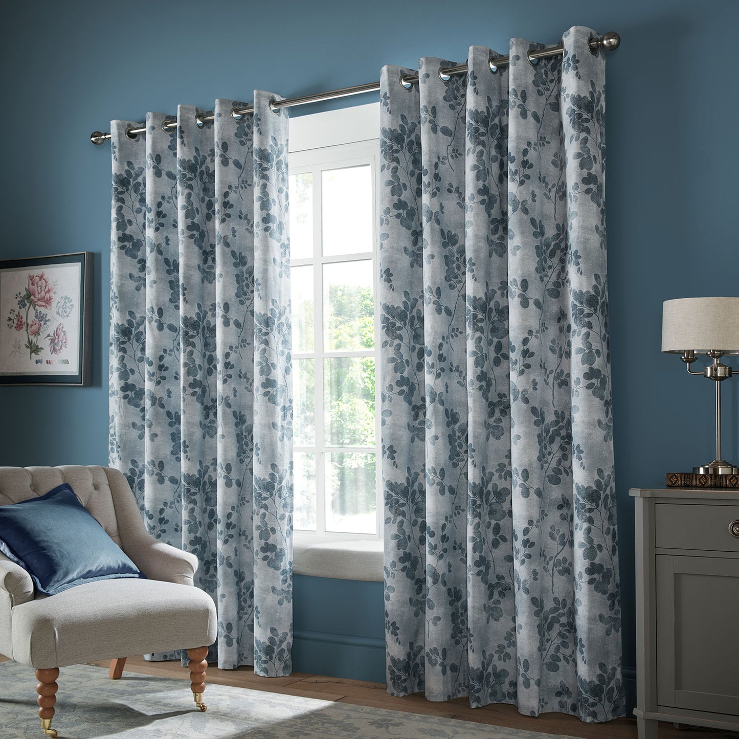 Laura Ashley Millhayes Smoke Blue Blackout Eyelet Curtains