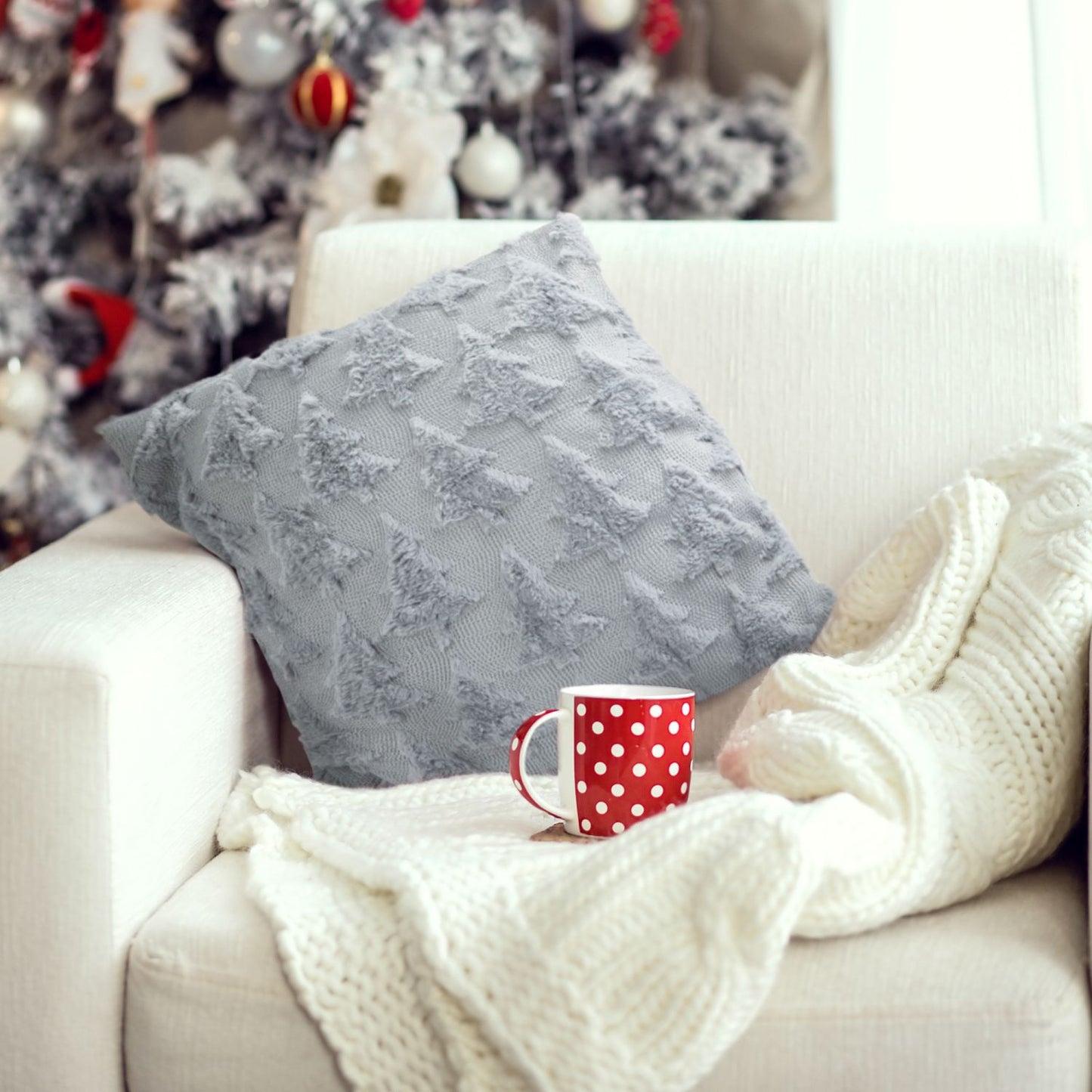 Nyla Silver Soft Touch Christmas Tree Cushion Covers (Pair)