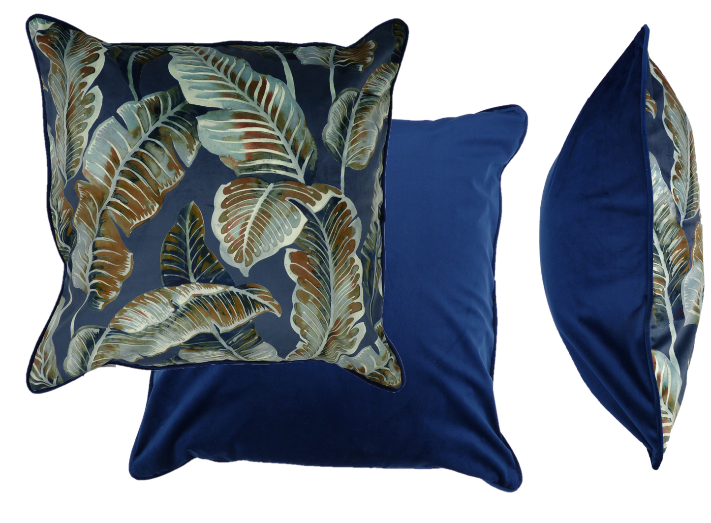 Nikabar Indigo Tropical Leaf Velvet Cushion (60cm x 60cm)